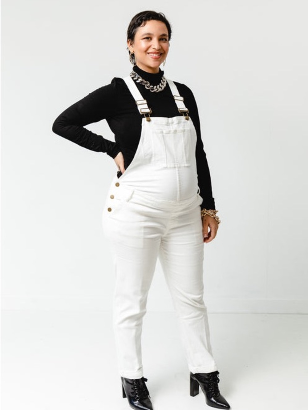 Hatch Collection White Maternity Denim Overalls - XL
